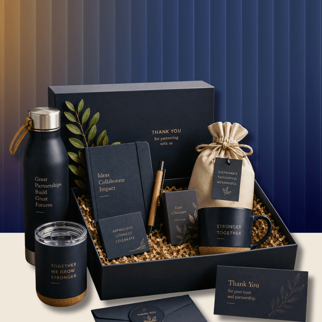 Premium client thank-you hamper with engraved bottle, notebook, mug and dark chocolate
