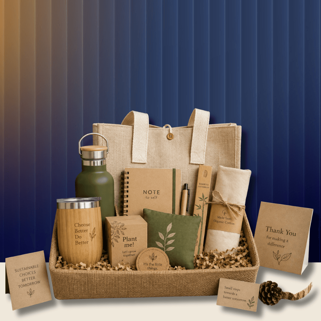 Eco-friendly CSR gift hamper with jute tote, bamboo tumbler, plantable seed kit and organic cotton goods