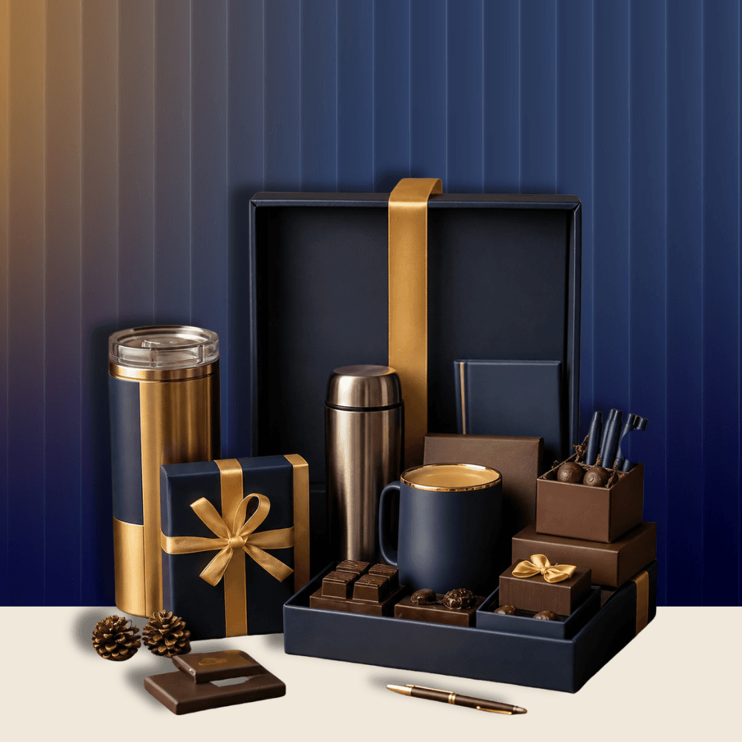 Navy and gold employee onboarding welcome kit with tumbler, flask, mug, notebook and chocolates