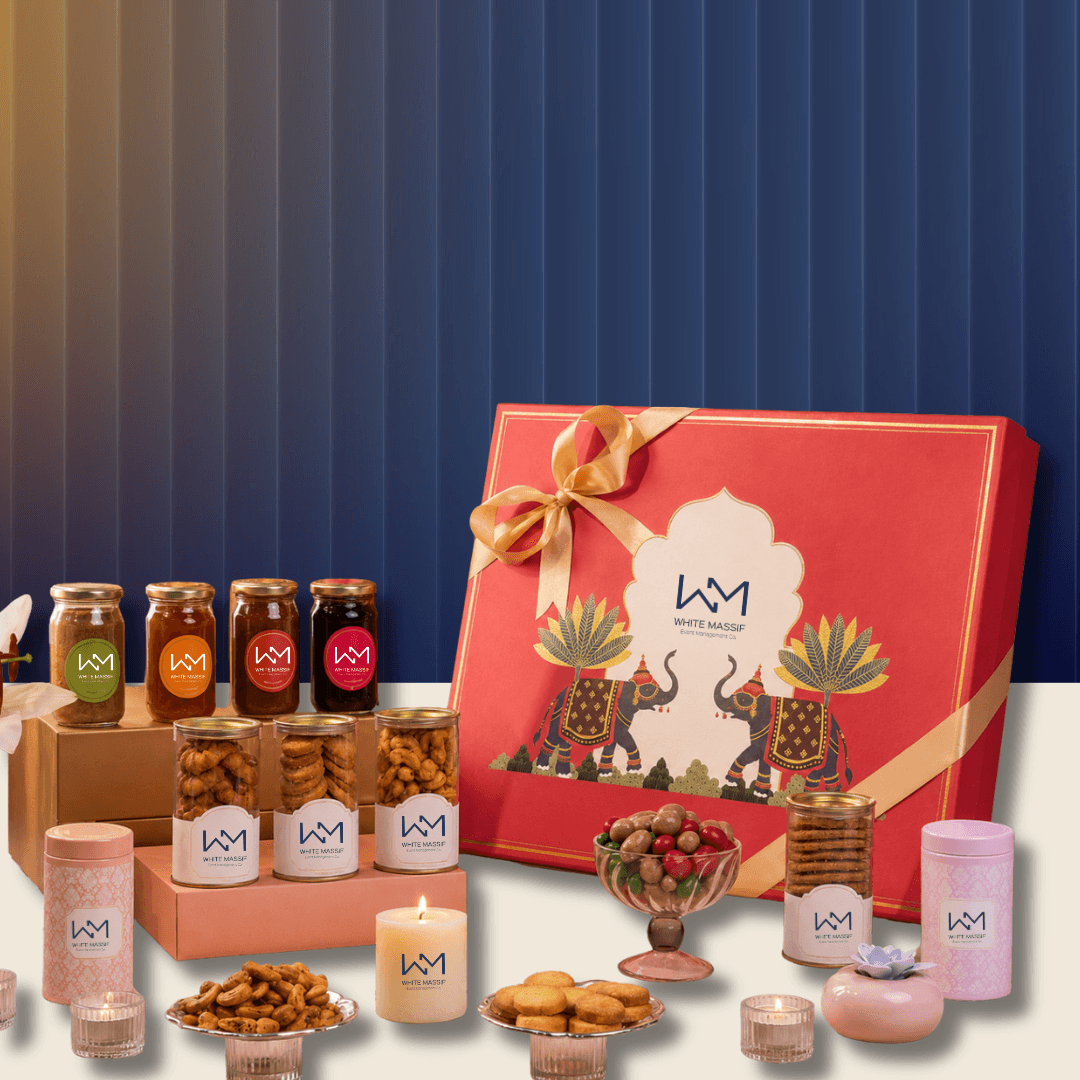 White Massif branded Diwali hamper with festive gift box, preserves, snack jars and candles