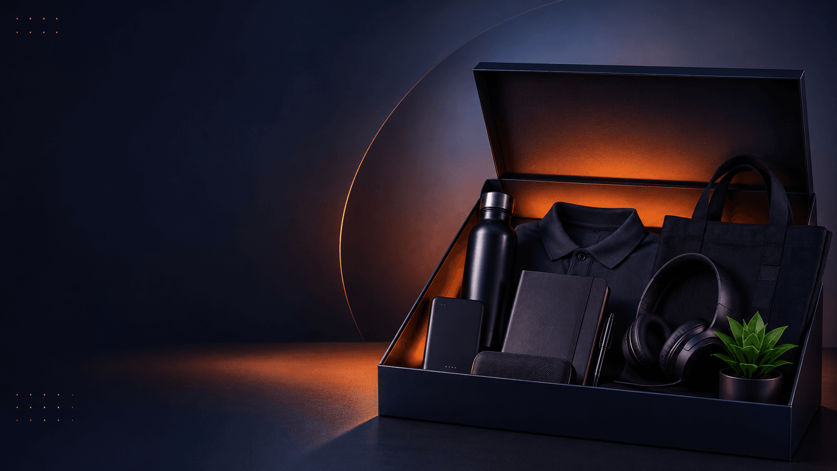 Open navy corporate gift box with branded bottle, polo shirt, notebook, headphones and tote by Massif Gifting Studio, Bangalore